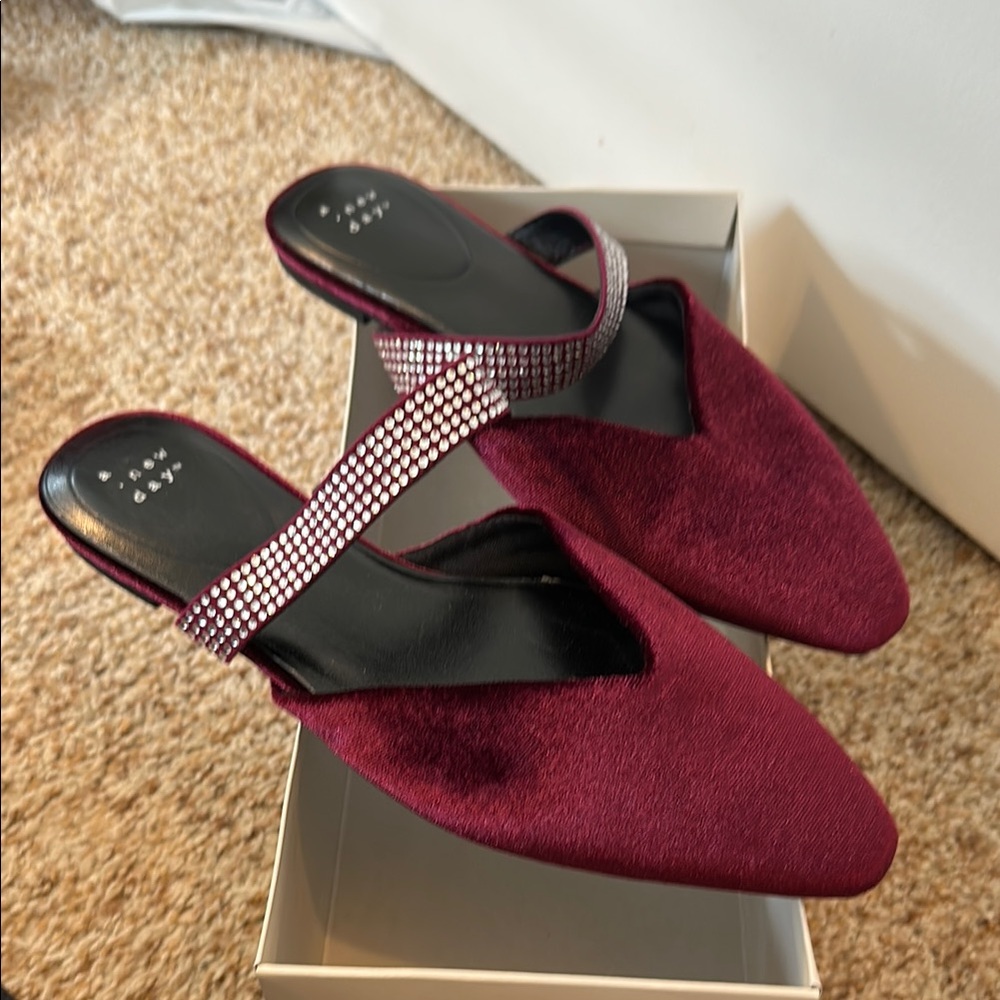 Elegant Burgundy Women's Shoes with Rhinestone Strap